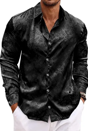 Men's Long Sleeve Dress Shirts Silk Floral Button Up Shirts Wedding Party Prom Jacquard Button Down Shirt S-3XL