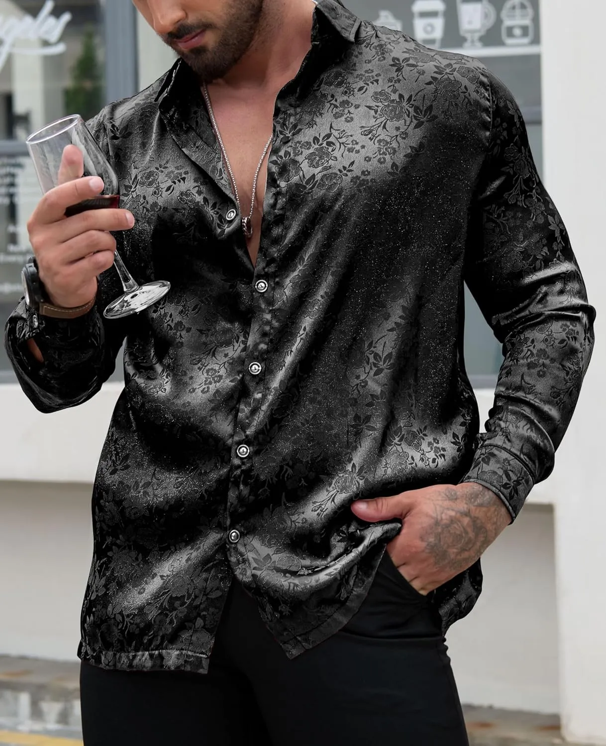 Men's Long Sleeve Dress Shirts Silk Floral Button Up Shirts Wedding Party Prom Jacquard Button Down Shirt S-3XL
