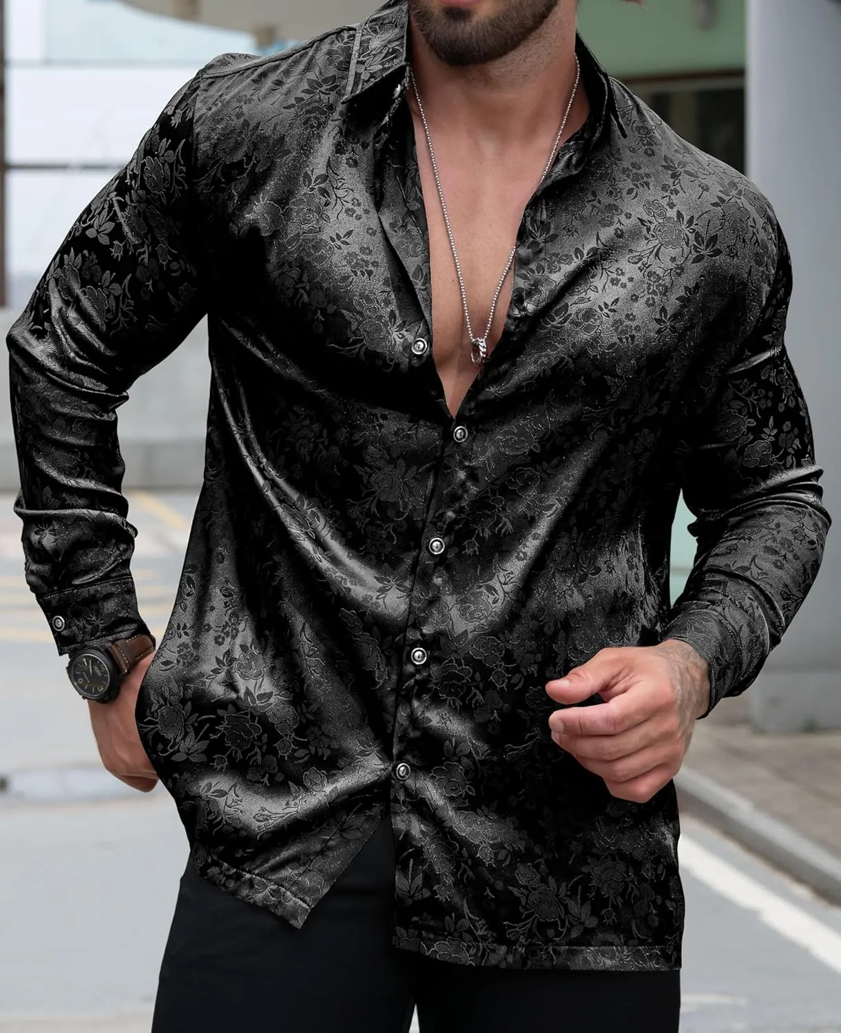 Men's Long Sleeve Dress Shirts Silk Floral Button Up Shirts Wedding Party Prom Jacquard Button Down Shirt S-3XL