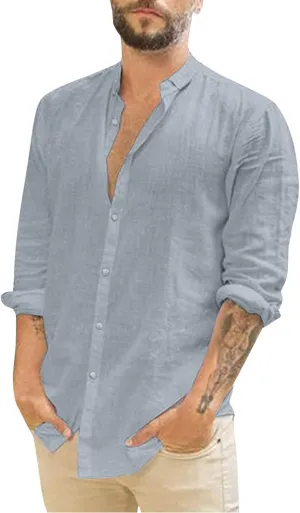 Men's Long Sleeve Linen Button Down Shirt Beach Casual Dress Shirts Summer Lightweight Cotton Linen Shirt Tops
