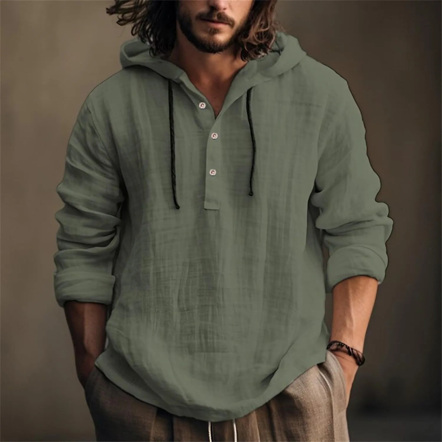 Mens Long Sleeve Linen Hippie Shirts with Hood V Neck Button Up Hooded Sweatshirts Casual Hawaiian Beach Yoga Shirts