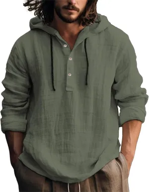 Mens Long Sleeve Linen Hippie Shirts with Hood V Neck Button Up Hooded Sweatshirts Casual Hawaiian Beach Yoga Shirts