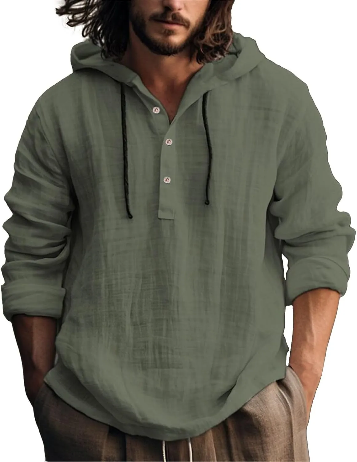Mens Long Sleeve Linen Hippie Shirts with Hood V Neck Button Up Hooded Sweatshirts Casual Hawaiian Beach Yoga Shirts