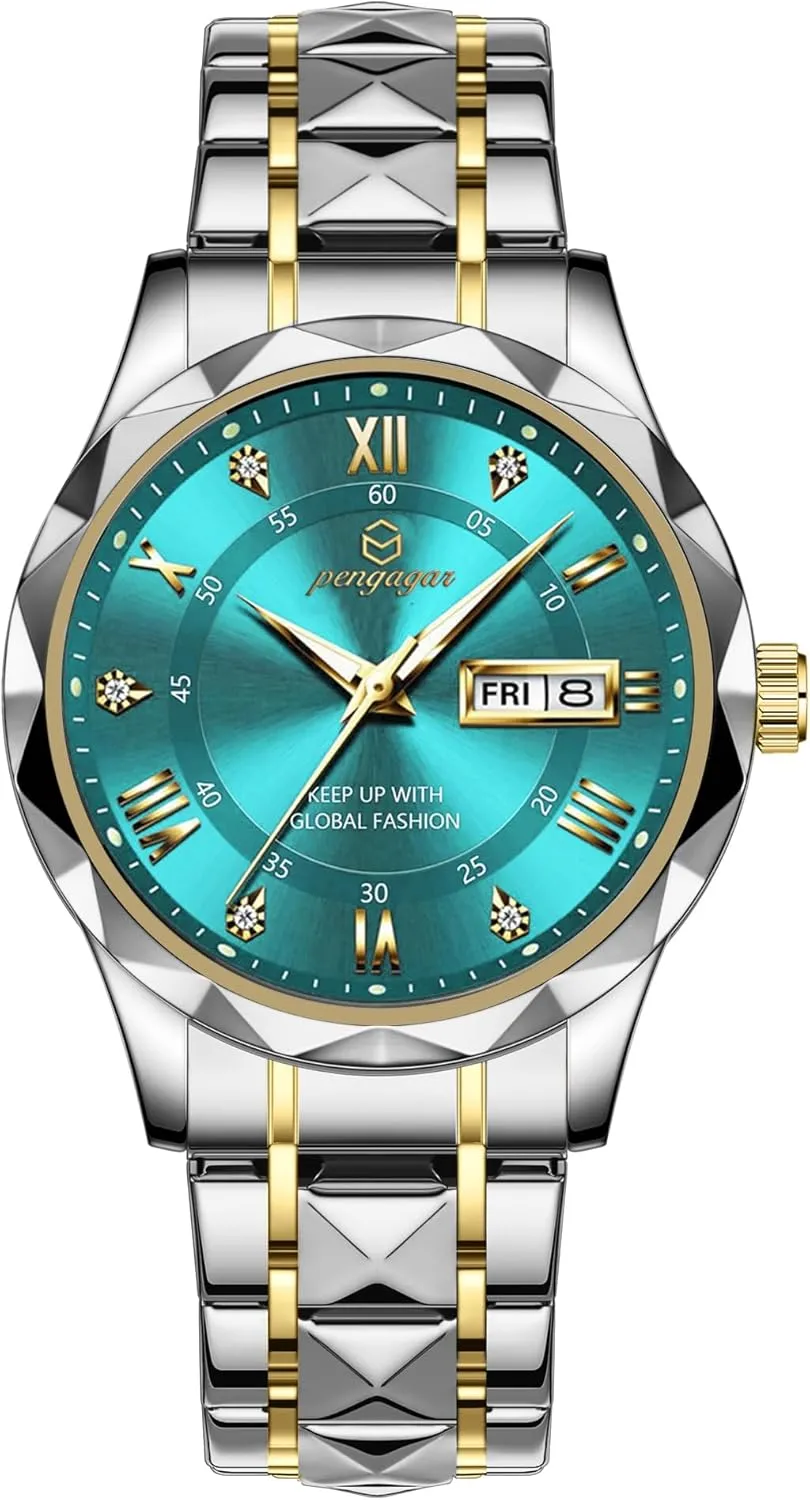 Men's Luxury Watch Business Casual Stainless Steel Watches with Waterproof, Luminous Dial, Date Function Men's Wristwatches PZ9403-Gold Sapphire Blue