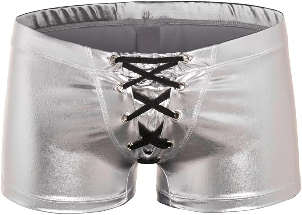Men's Metallic Shorts Yoga Shiny Boxer Briefs Shiny Hot Pants Underwear Bikinis with Draswtring