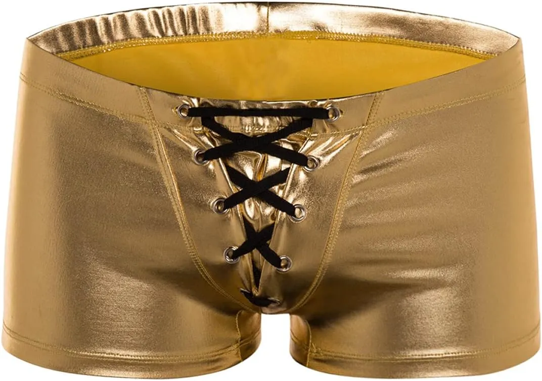 Men's Metallic Shorts Yoga Shiny Boxer Briefs Shiny Hot Pants Underwear Bikinis with Draswtring