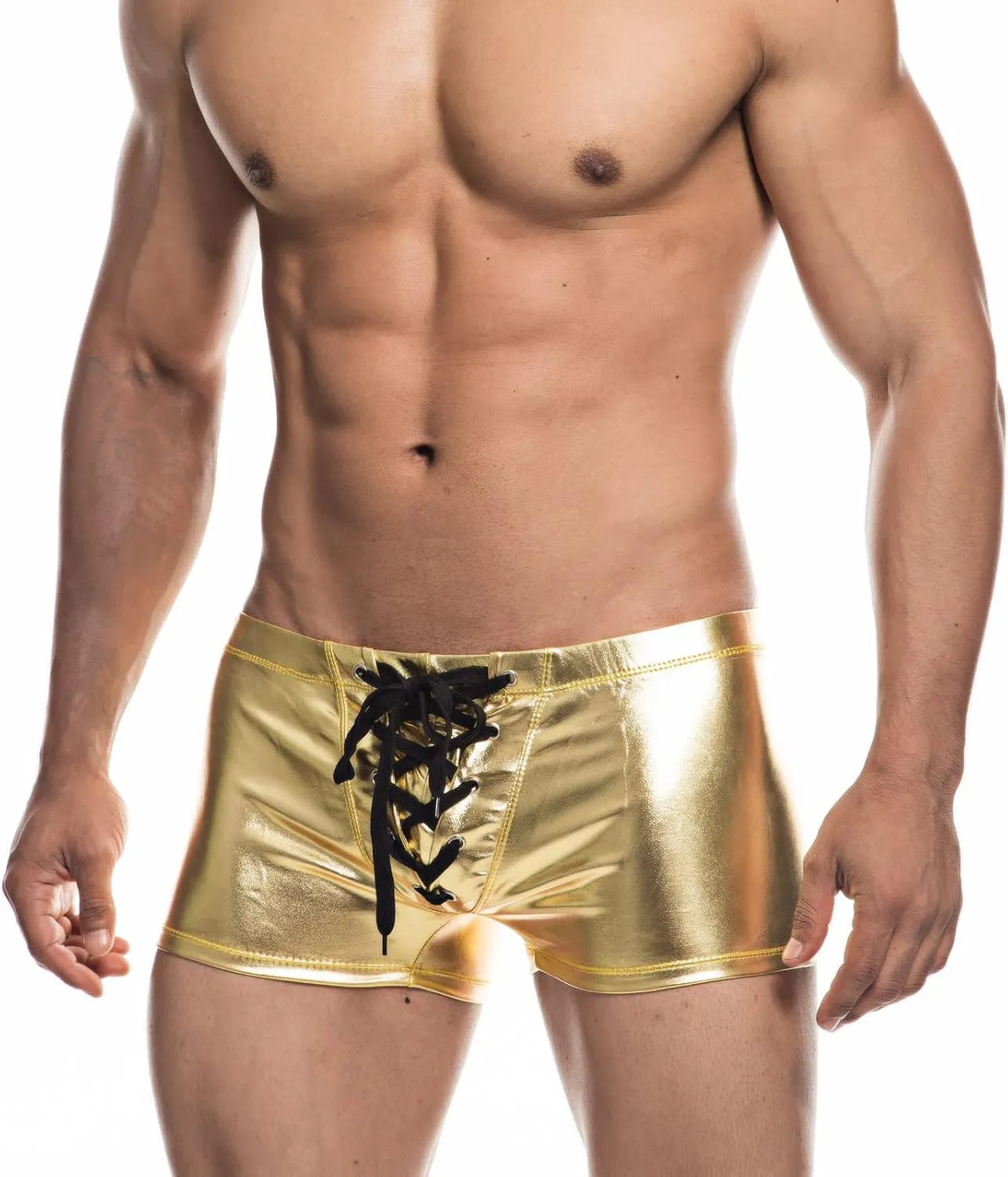 Men's Metallic Shorts Yoga Shiny Boxer Briefs Shiny Hot Pants Underwear Bikinis with Draswtring