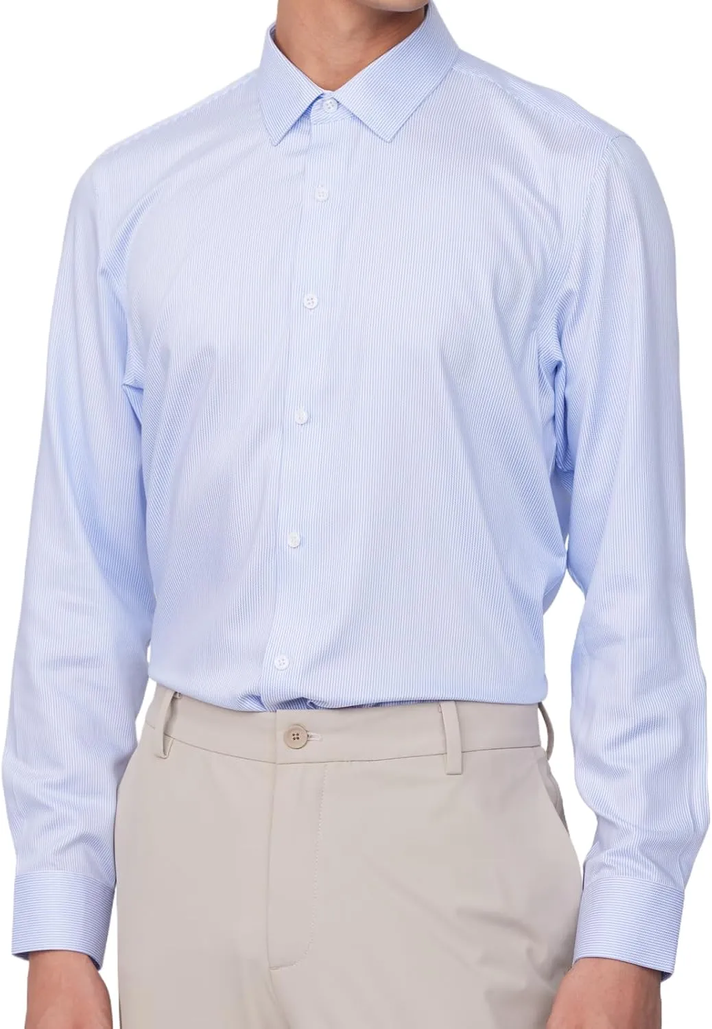 Men's Non-Iron Long Sleeve Pinpoint Stripe Dress Shirt, Spread Collar Slim Fit Wrinkle Resistant Button Down Shirts