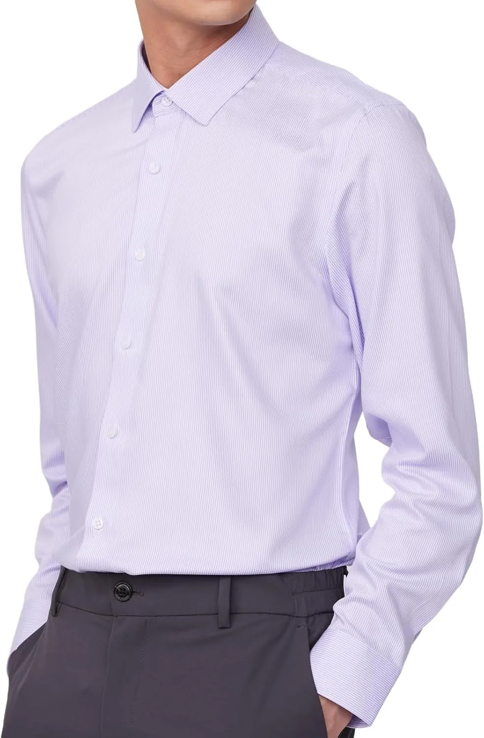 Men's Non-Iron Long Sleeve Pinpoint Stripe Dress Shirt, Spread Collar Slim Fit Wrinkle Resistant Button Down Shirts