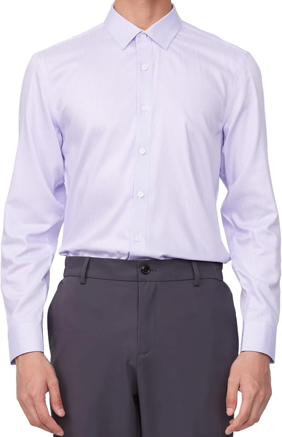 Men's Non-Iron Long Sleeve Pinpoint Stripe Dress Shirt, Spread Collar Slim Fit Wrinkle Resistant Button Down Shirts