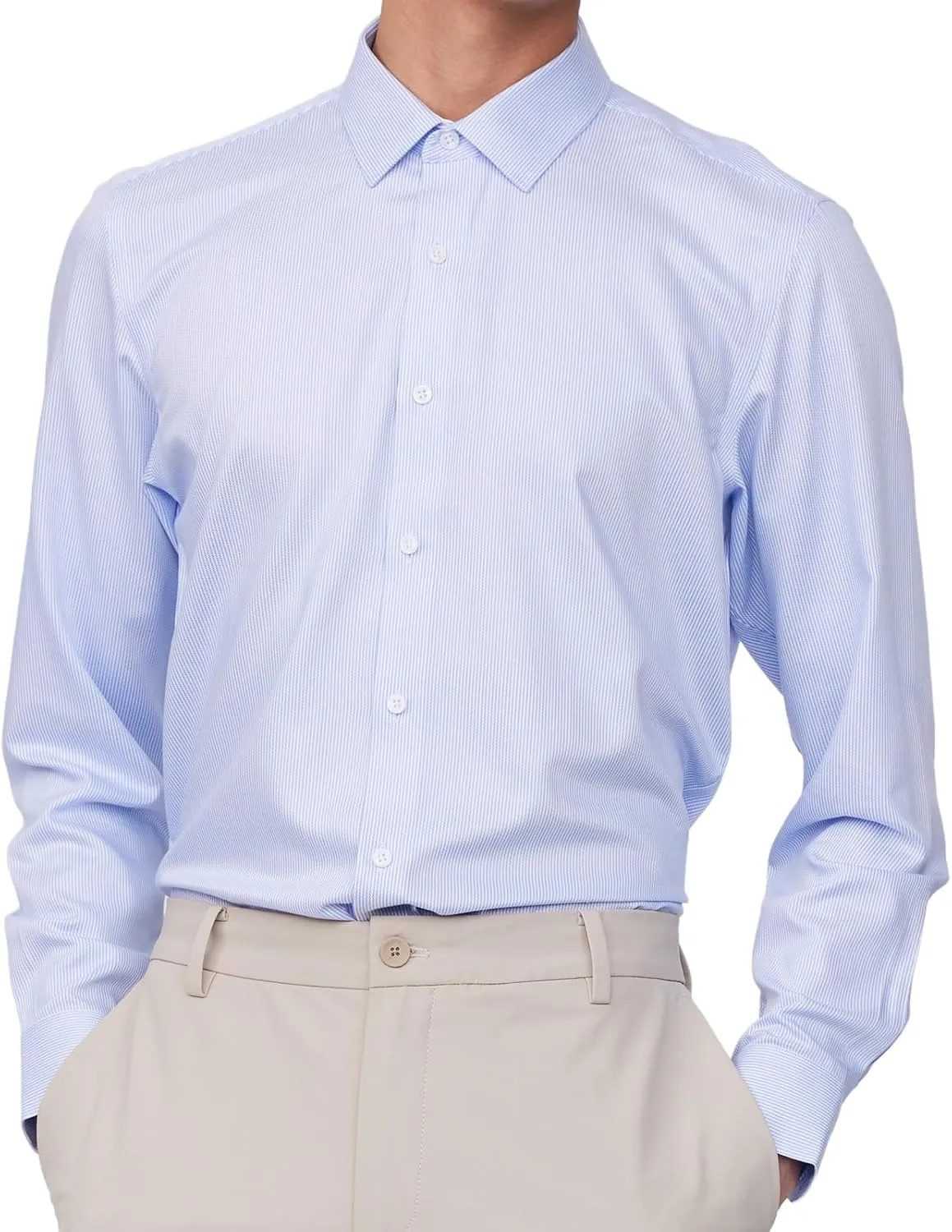 Men's Non-Iron Long Sleeve Pinpoint Stripe Dress Shirt, Spread Collar Slim Fit Wrinkle Resistant Button Down Shirts