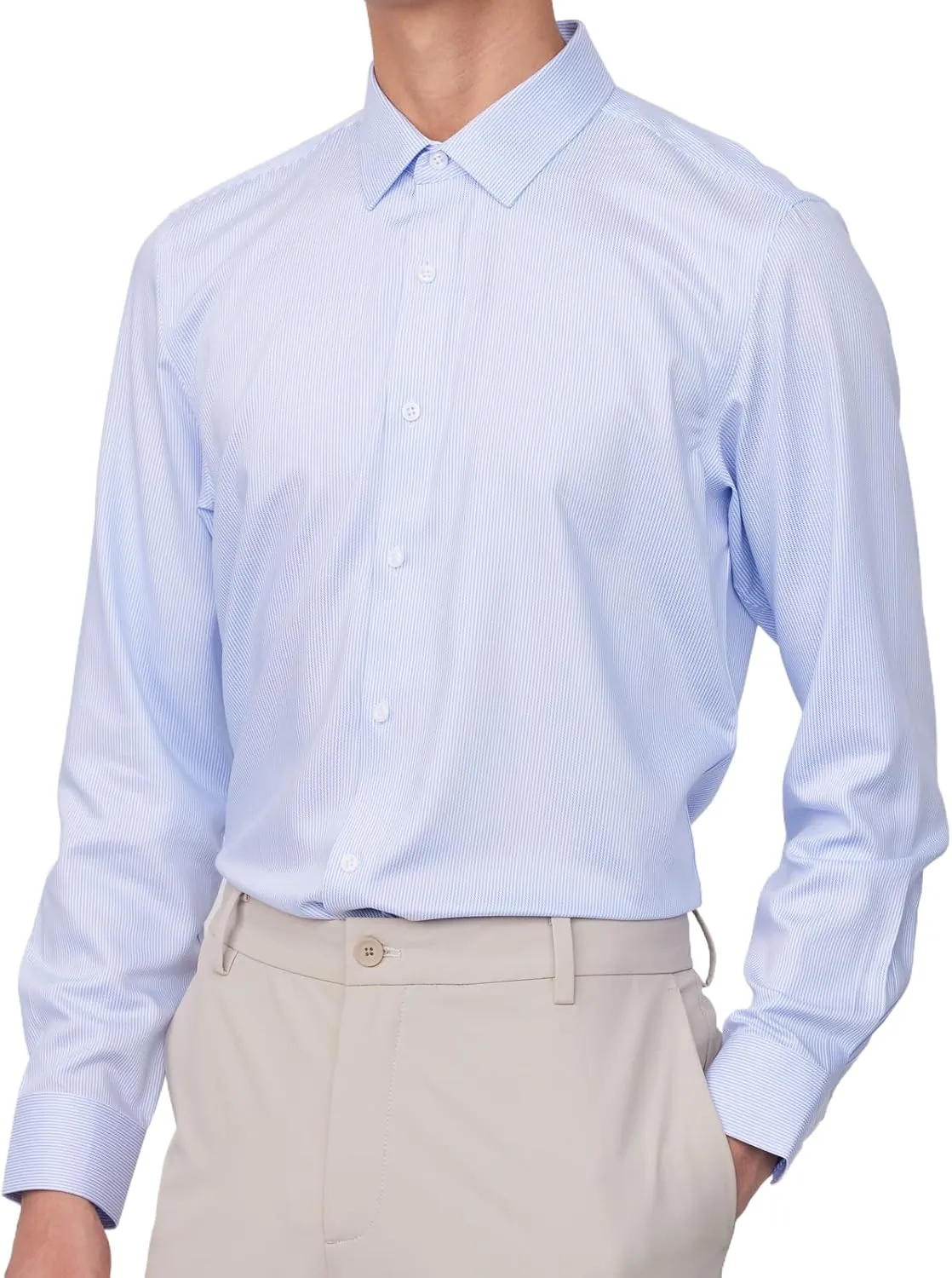 Men's Non-Iron Long Sleeve Pinpoint Stripe Dress Shirt, Spread Collar Slim Fit Wrinkle Resistant Button Down Shirts