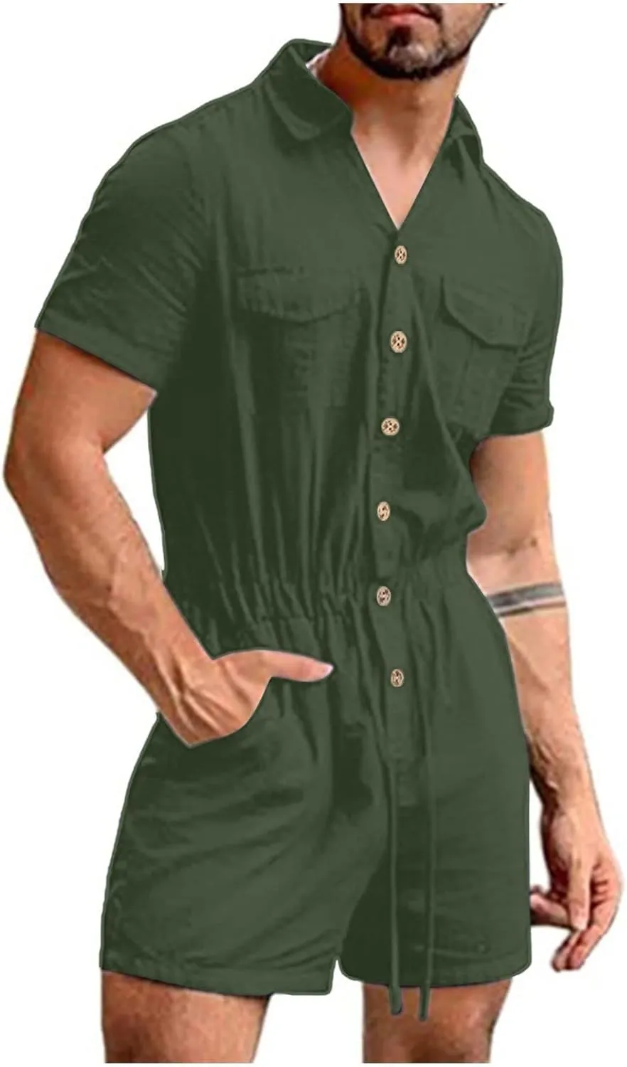 Men's One Piece Rompers Short Sleeve Hawaiian Floral Shirt Drawstring Coveralls Beach Overall Pajamas with Pockets