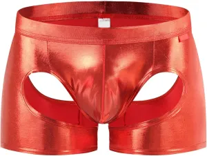 Men's Open Front Boxer Briefs Trunks With Faux Leather Low Waisted Bulge Pouch Lingerie Hollow Out Stretch Underpants Shorts Red One Size
