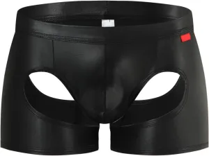 Men's Open Front Boxer Briefs Trunks With Faux Leather Low Waisted Bulge Pouch Lingerie Hollow Out Stretch Underpants Shorts