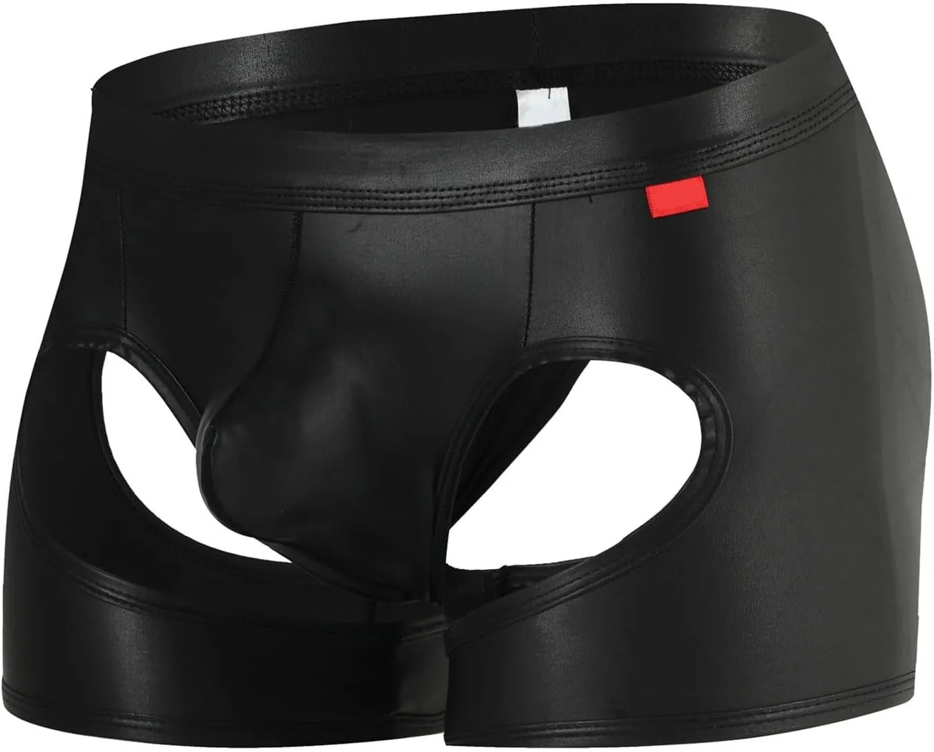 Men's Open Front Boxer Briefs Trunks With Faux Leather Low Waisted Bulge Pouch Lingerie Hollow Out Stretch Underpants Shorts