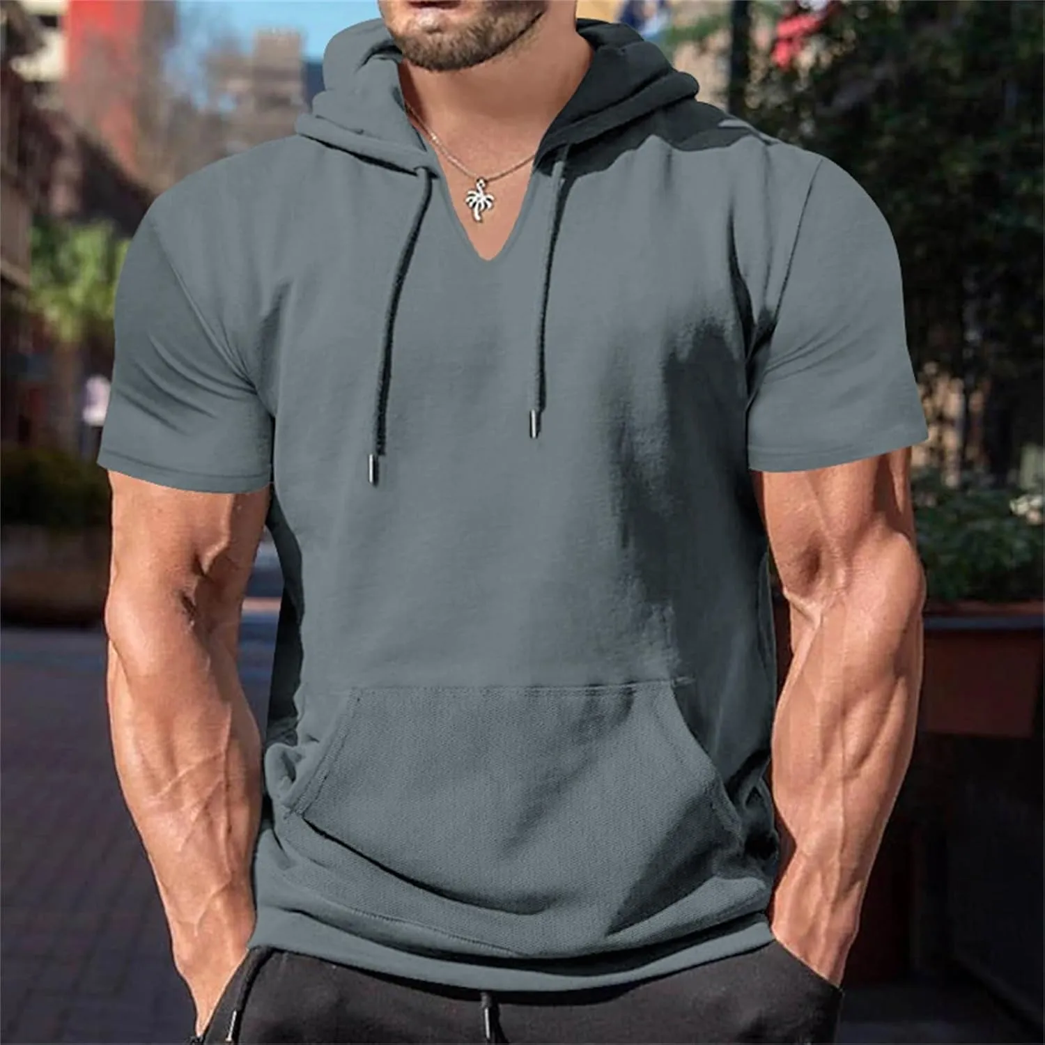 Mens Short Sleeve Hoodie Workout Gym Sweatshirts Casual Lightweight Athletic Muscle Hoodies Pullover Cotton Hooded T-Shirts