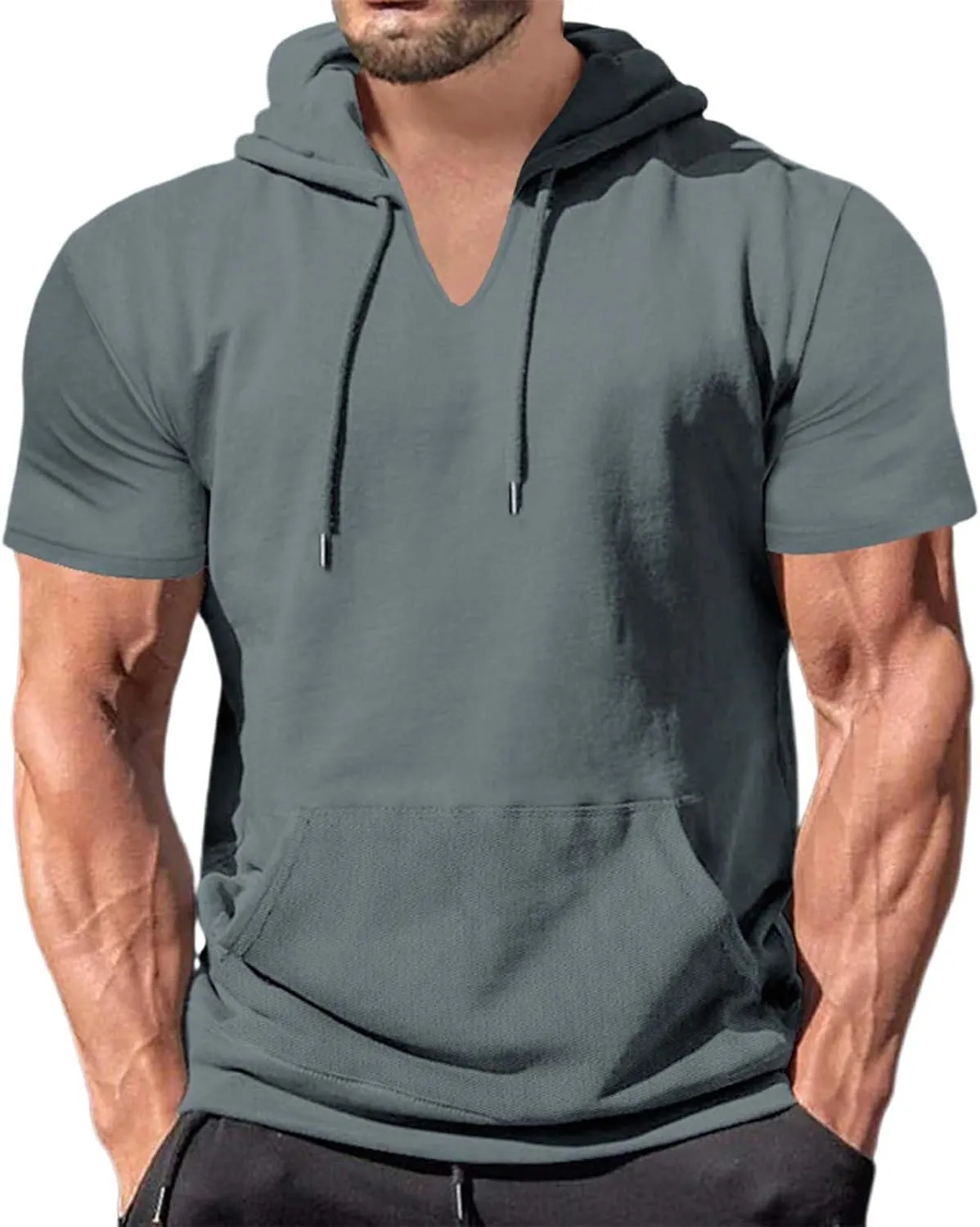 Mens Short Sleeve Hoodie Workout Gym Sweatshirts Casual Lightweight Athletic Muscle Hoodies Pullover Cotton Hooded T-Shirts
