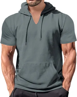 Mens Short Sleeve Hoodie Workout Gym Sweatshirts Casual Lightweight Athletic Muscle Hoodies Pullover Cotton Hooded T-Shirts