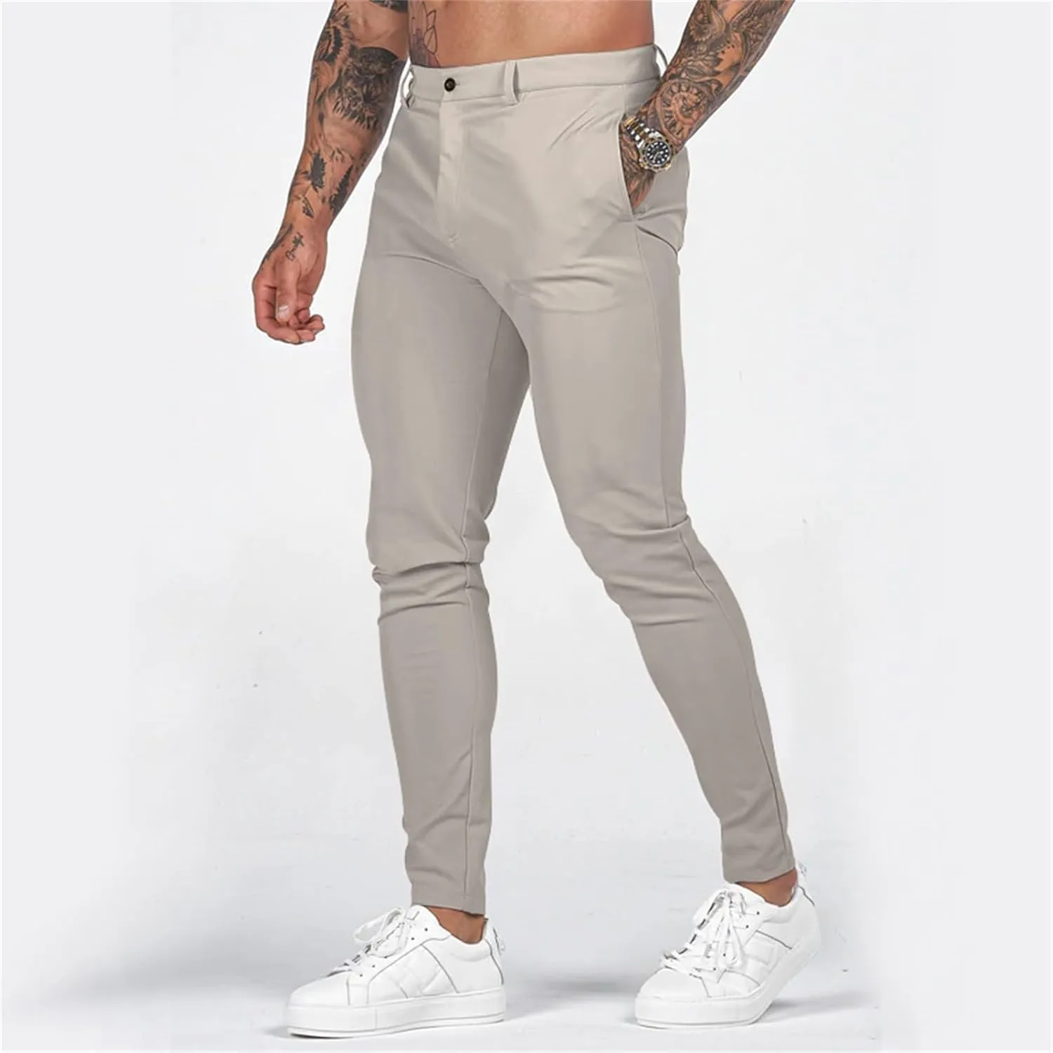 Mens Slim Fit Dress Pencil Pants Classic Flat Front Straight Leg Chinos Pants Business Suit Work Casual Golf Trousers