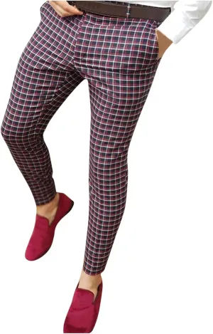 Mens Stretch Plaid Dress Pants Slim Fit Flat-Front Casual Skinny Chinos Business Fashion Golf Pencil Tapered Trousers