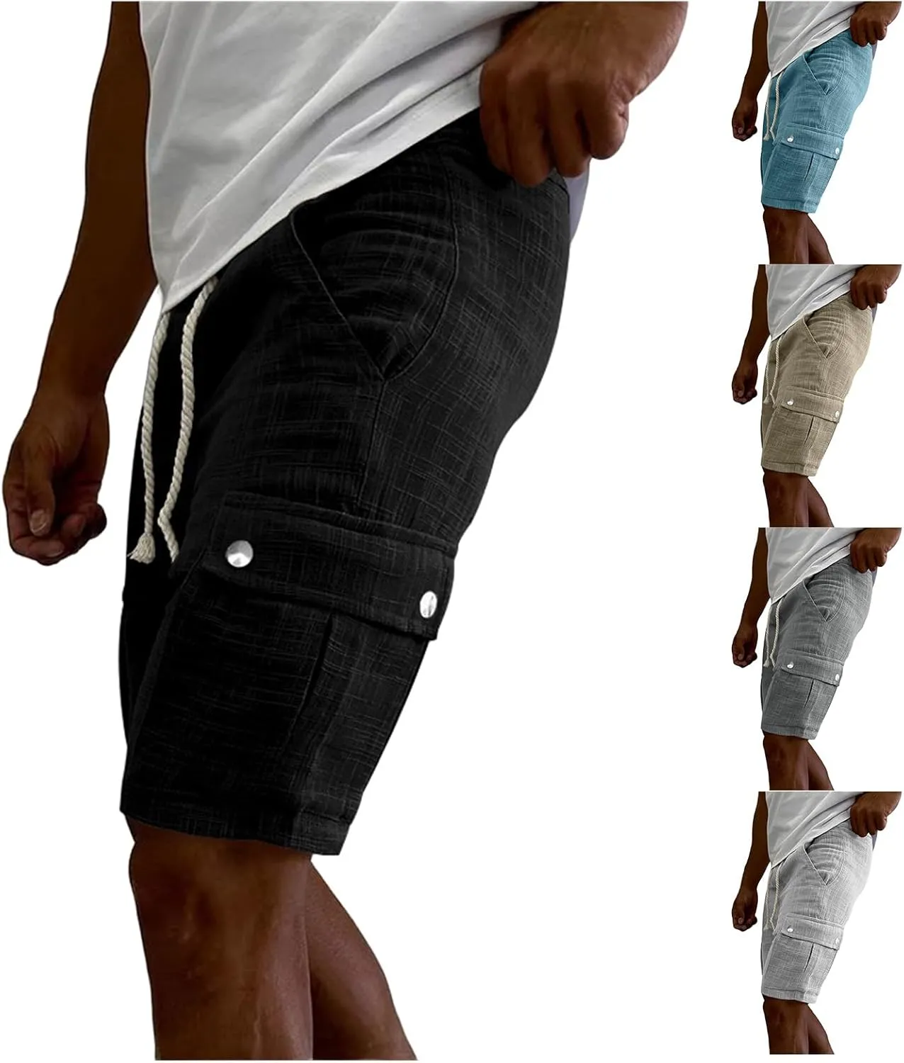 Men's Summer Cargo Shorts Slim Fit Texture Shorts Drawstring Stretchy Thin Pants Fashion Vacation Pants with Pockets