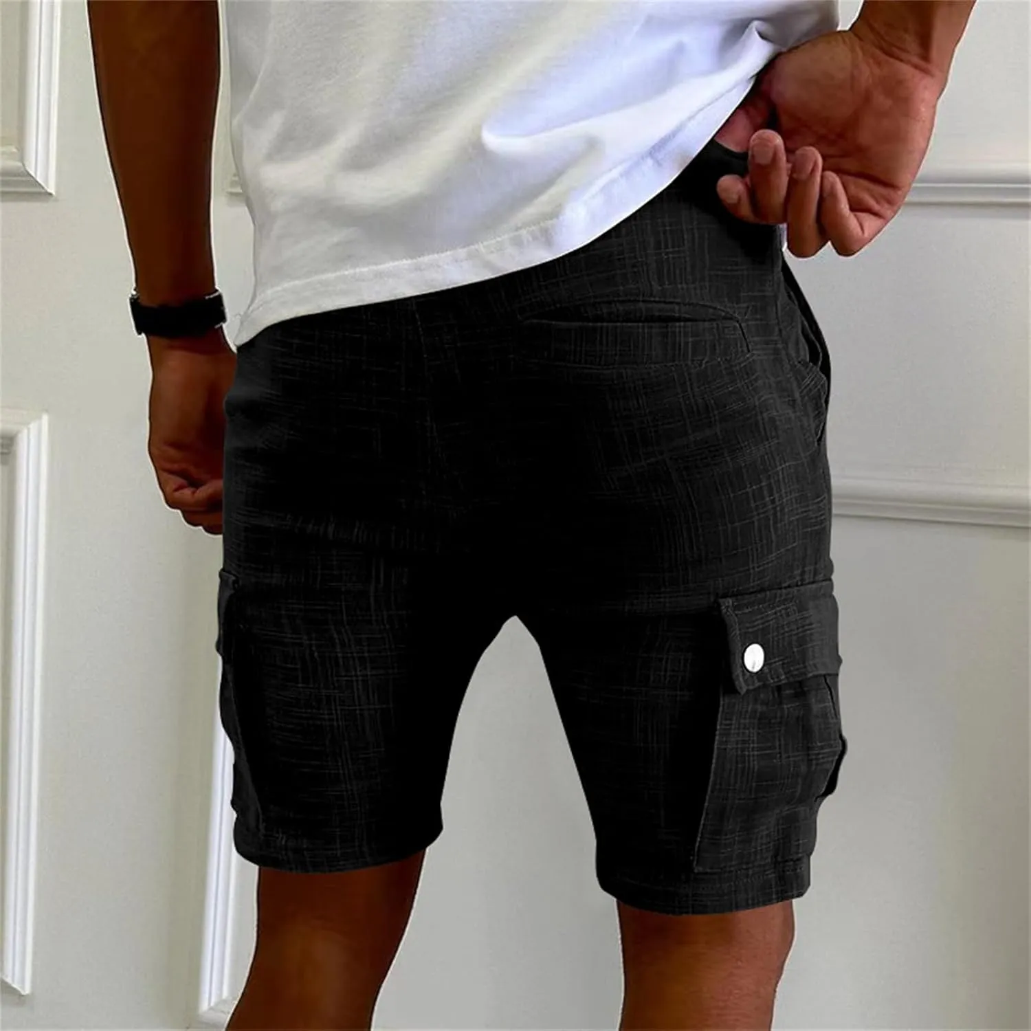 Men's Summer Cargo Shorts Slim Fit Texture Shorts Drawstring Stretchy Thin Pants Fashion Vacation Pants with Pockets