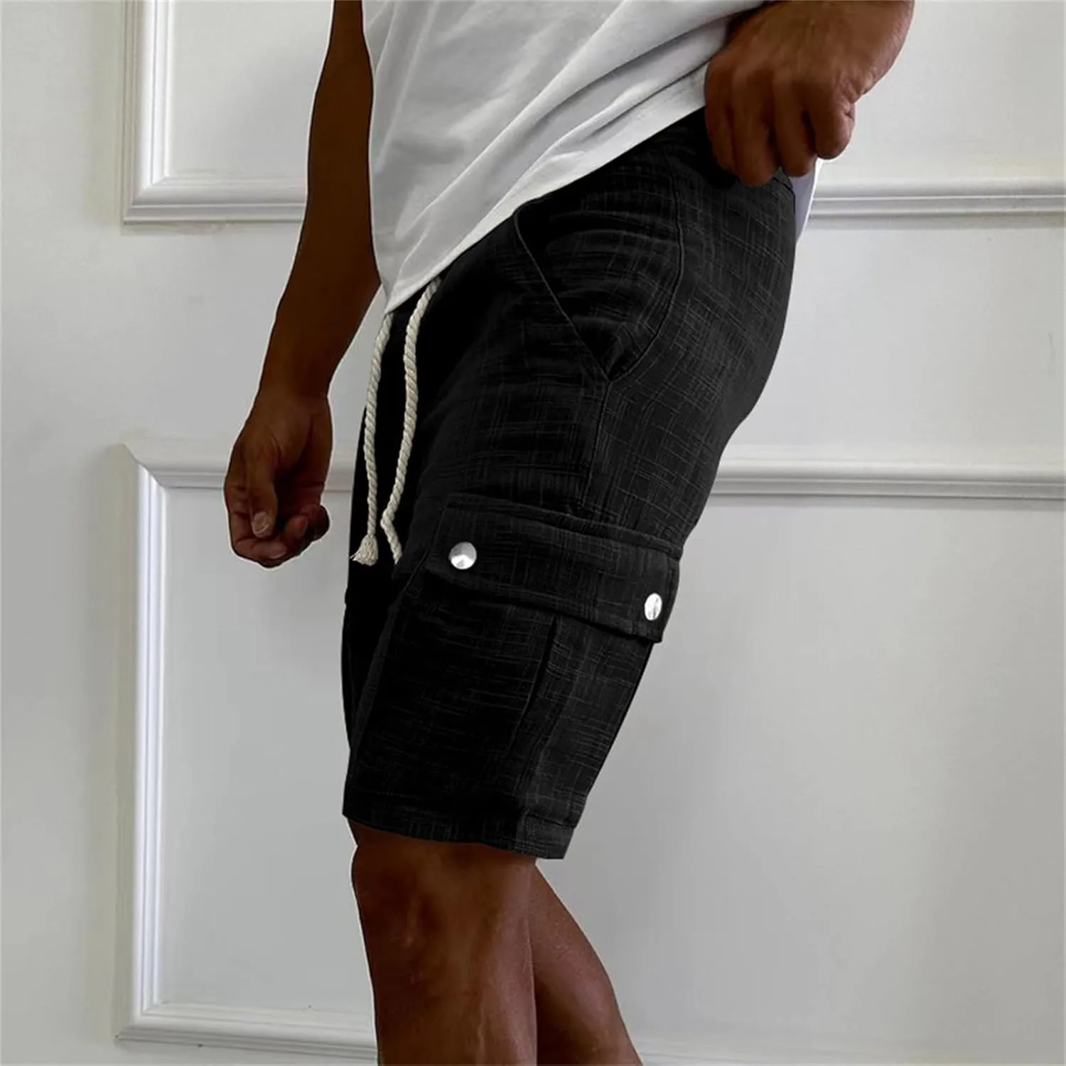 Men's Summer Cargo Shorts Slim Fit Texture Shorts Drawstring Stretchy Thin Pants Fashion Vacation Pants with Pockets