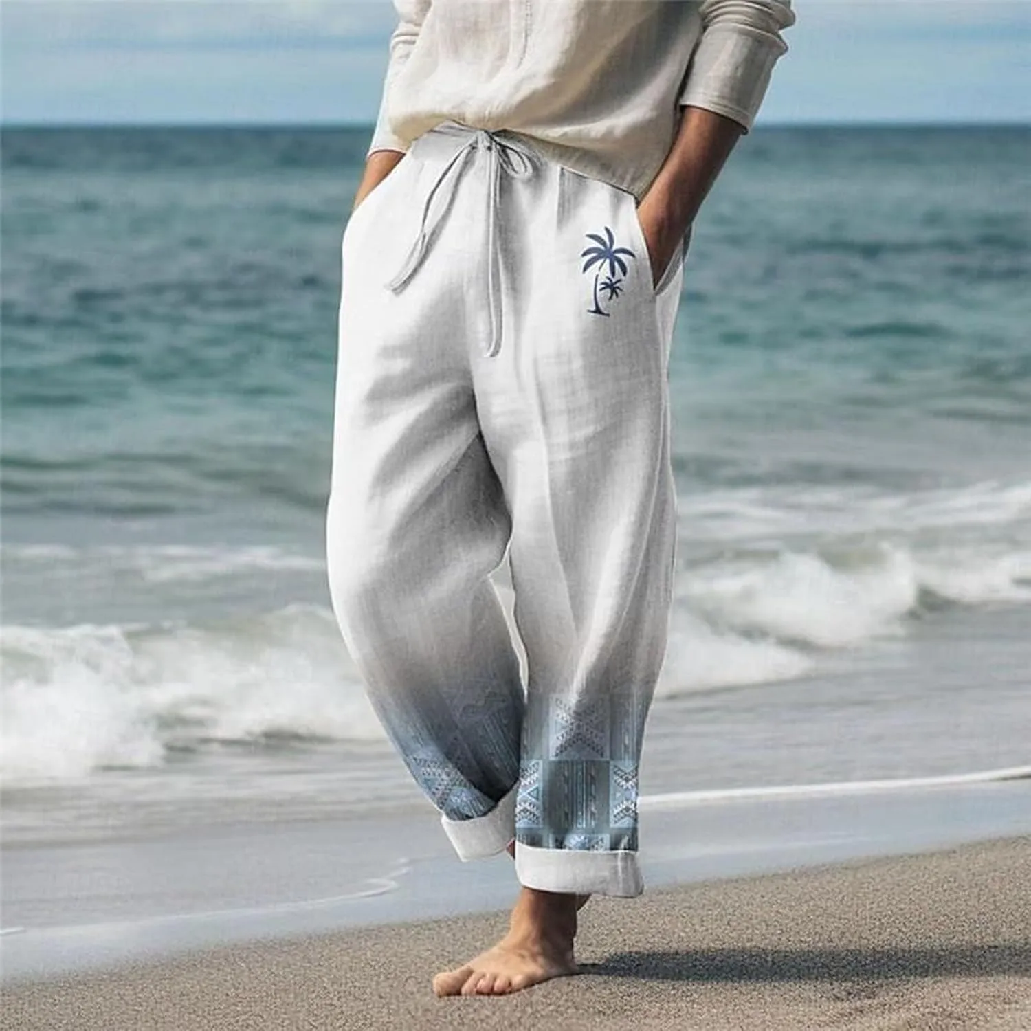 Mens Summer Graphic Linen Pants Drawstring Straight Leg Beach Pants Elastic Waist Loose Fit Breathable Vocation Trousers