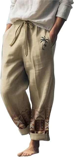 Mens Summer Graphic Linen Pants Drawstring Straight Leg Beach Pants Elastic Waist Loose Fit Breathable Vocation Trousers