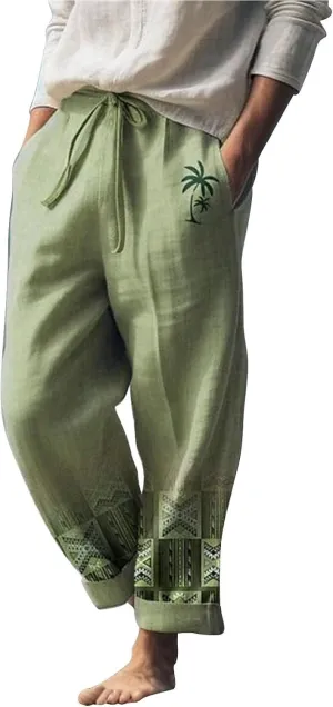 Mens Summer Graphic Linen Pants Drawstring Straight Leg Beach Pants Elastic Waist Loose Fit Breathable Vocation Trousers