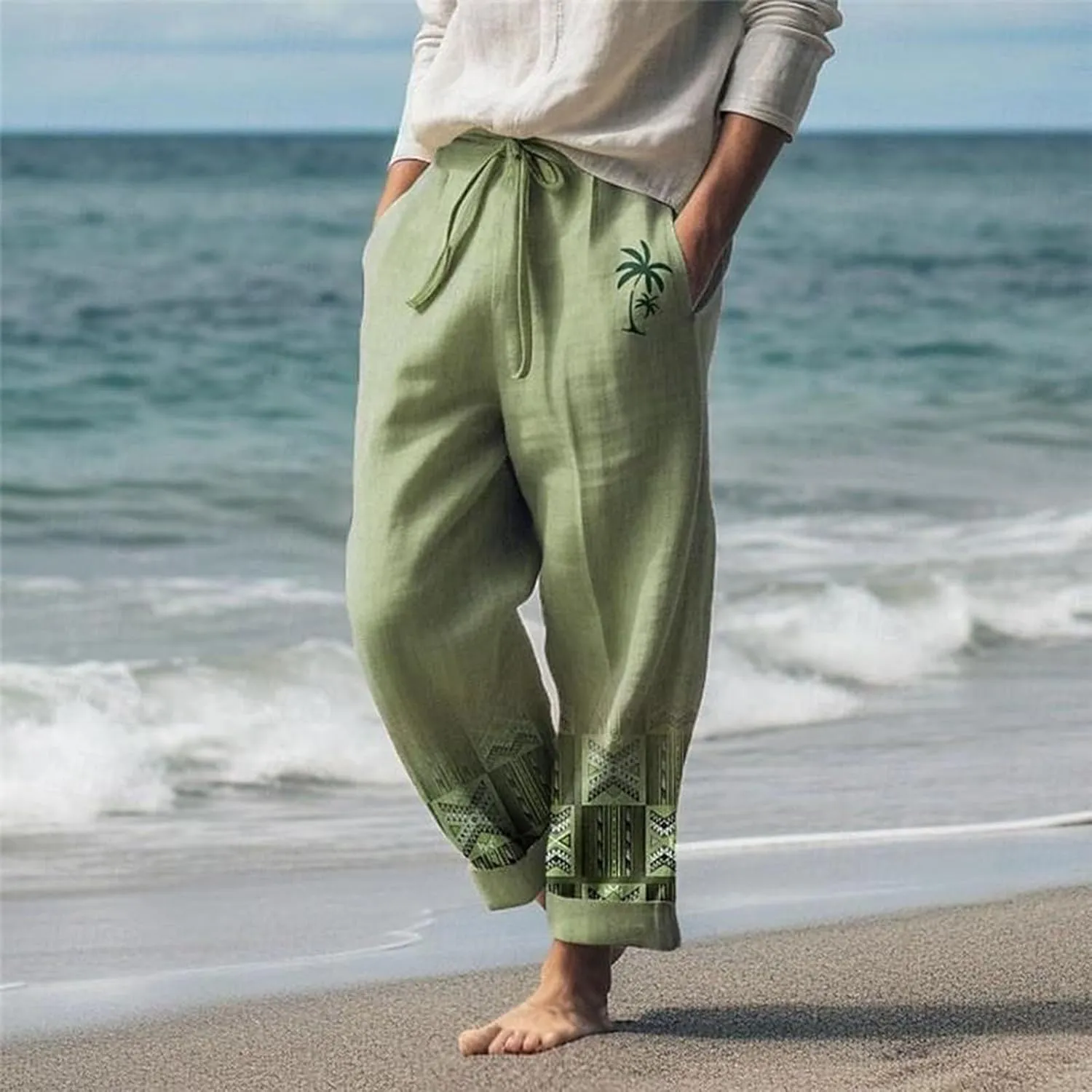 Mens Summer Graphic Linen Pants Drawstring Straight Leg Beach Pants Elastic Waist Loose Fit Breathable Vocation Trousers