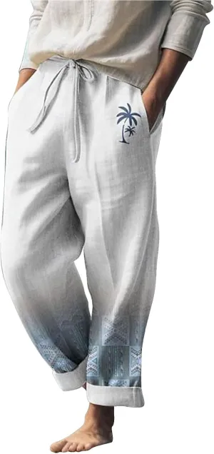 Mens Summer Graphic Linen Pants Drawstring Straight Leg Beach Pants Elastic Waist Loose Fit Breathable Vocation Trousers
