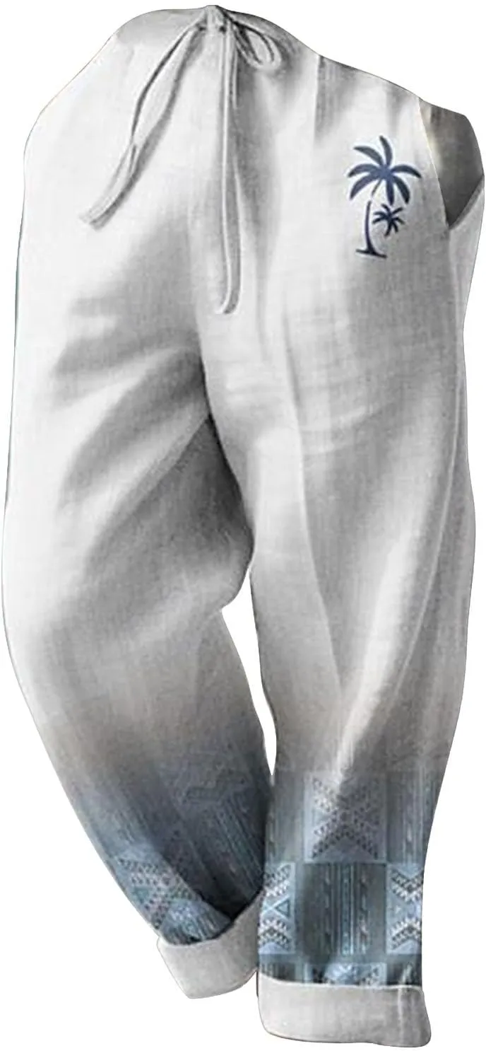 Mens Summer Graphic Linen Pants Drawstring Straight Leg Beach Pants Elastic Waist Loose Fit Breathable Vocation Trousers