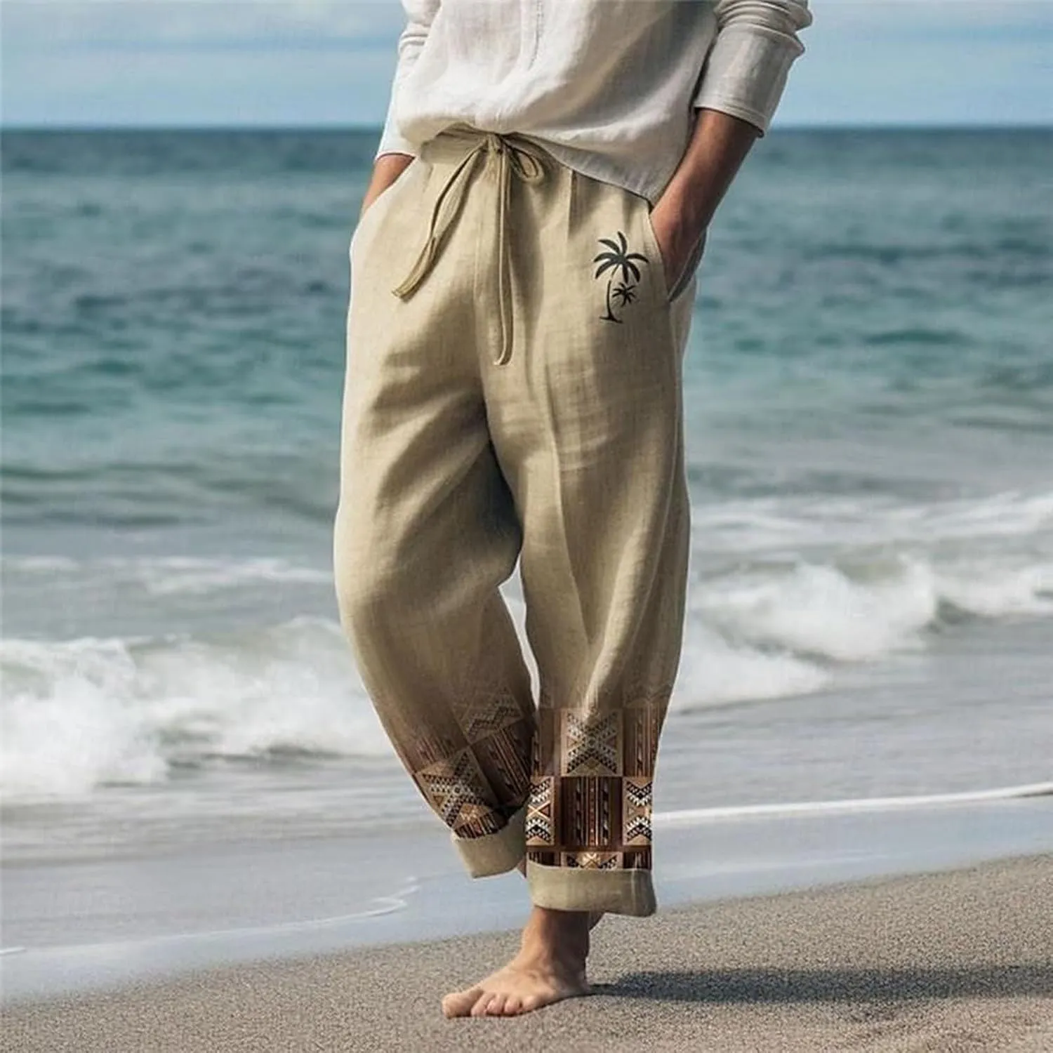 Mens Summer Graphic Linen Pants Drawstring Straight Leg Beach Pants Elastic Waist Loose Fit Breathable Vocation Trousers