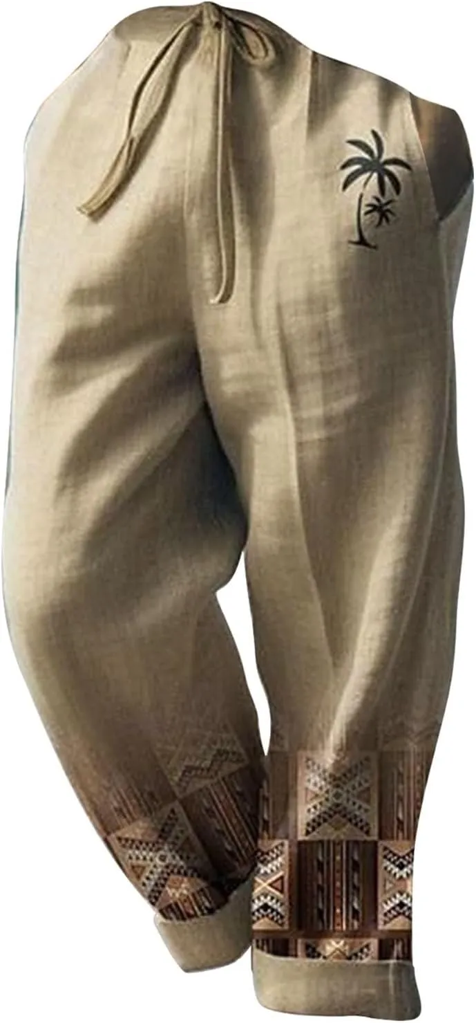 Mens Summer Graphic Linen Pants Drawstring Straight Leg Beach Pants Elastic Waist Loose Fit Breathable Vocation Trousers