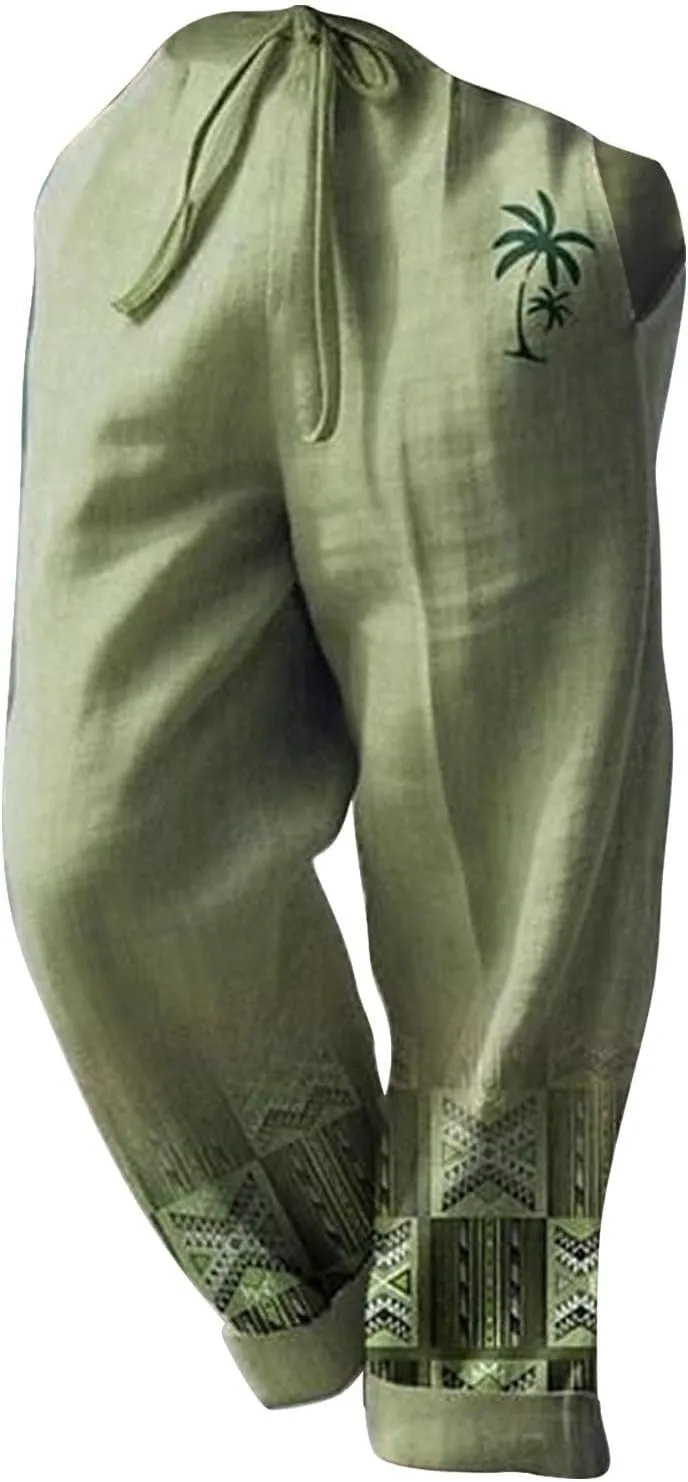Mens Summer Graphic Linen Pants Drawstring Straight Leg Beach Pants Elastic Waist Loose Fit Breathable Vocation Trousers