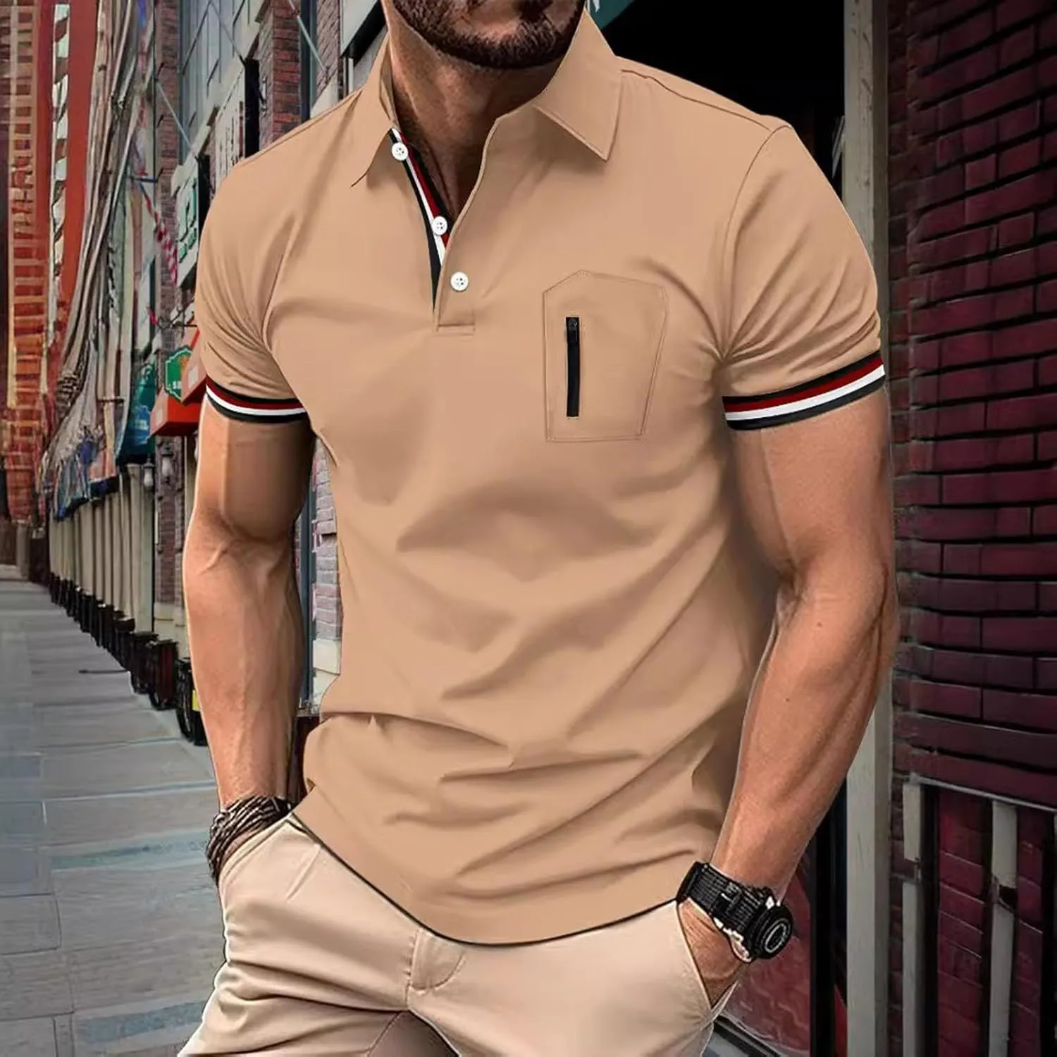 Men's Urban Polo Shirt Short Sleeve Zip Pocket Stand Collar Quick Dry Athletic Top Stylish Casual Summer Streetwear Tee