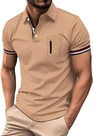 Men's Urban Polo Shirt Short Sleeve Zip Pocket Stand Collar Quick Dry Athletic Top Stylish Casual Summer Streetwear Tee