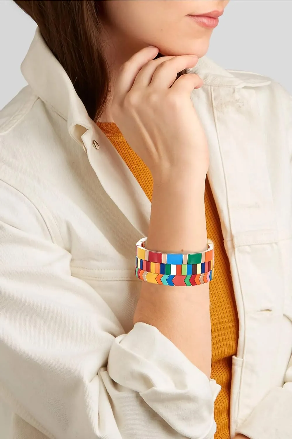 METOBAR Enamel Tile Tila Bracelets Set Multicolor Tile Beaded Colorblock Bracelets Handmade Elastic Stretchy Bracelet Bohemian Stackable Bracelet
