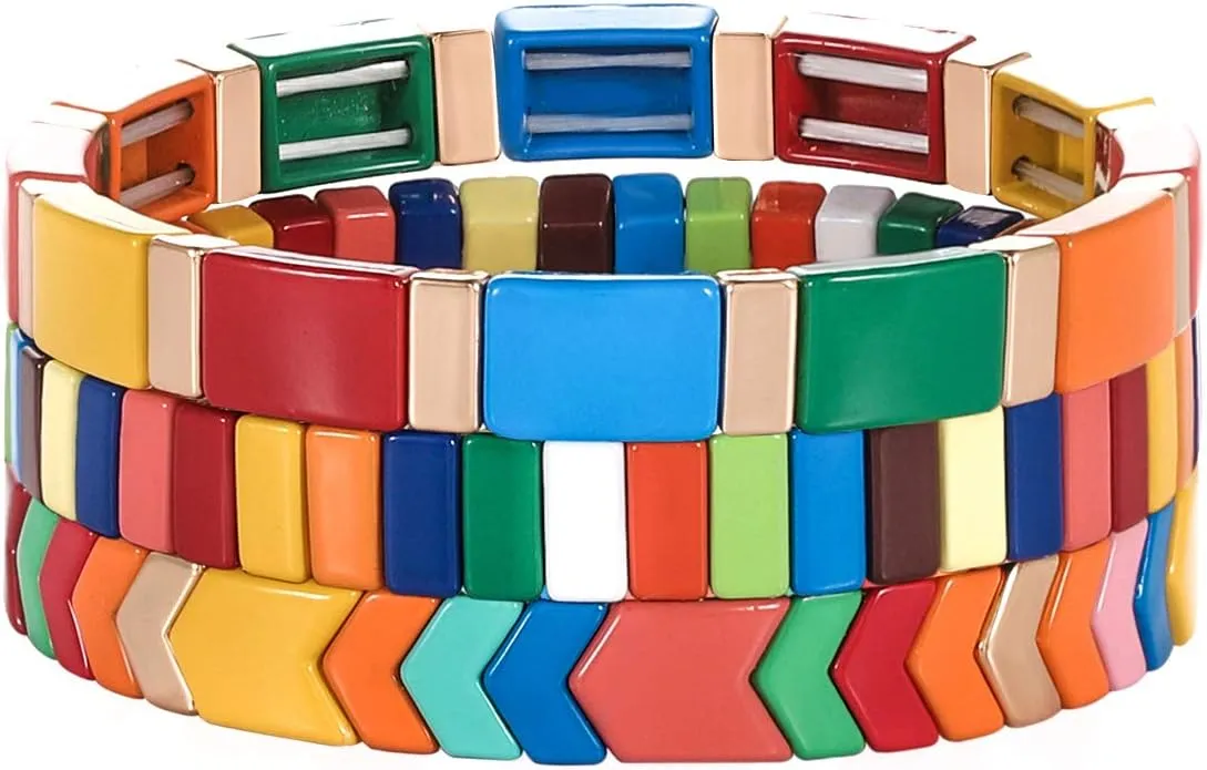 METOBAR Enamel Tile Tila Bracelets Set Multicolor Tile Beaded Colorblock Bracelets Handmade Elastic Stretchy Bracelet Bohemian Stackable Bracelet