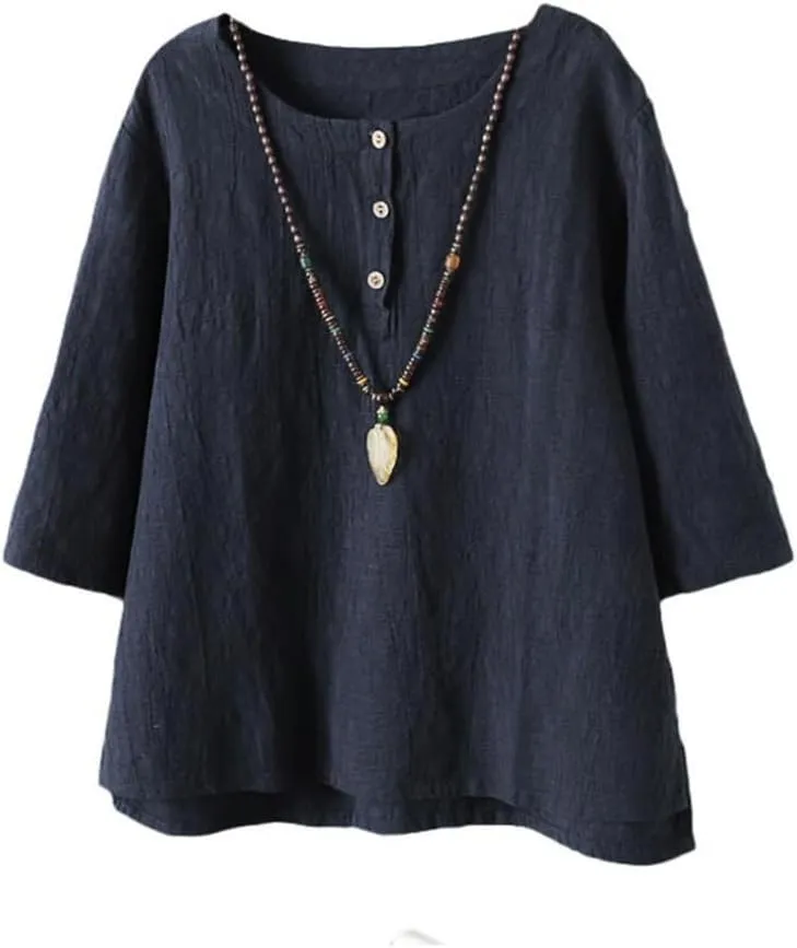 Minibee Women's 3/4 Sleeve Cotton Linen Jacquard Blouses Top T-Shirt