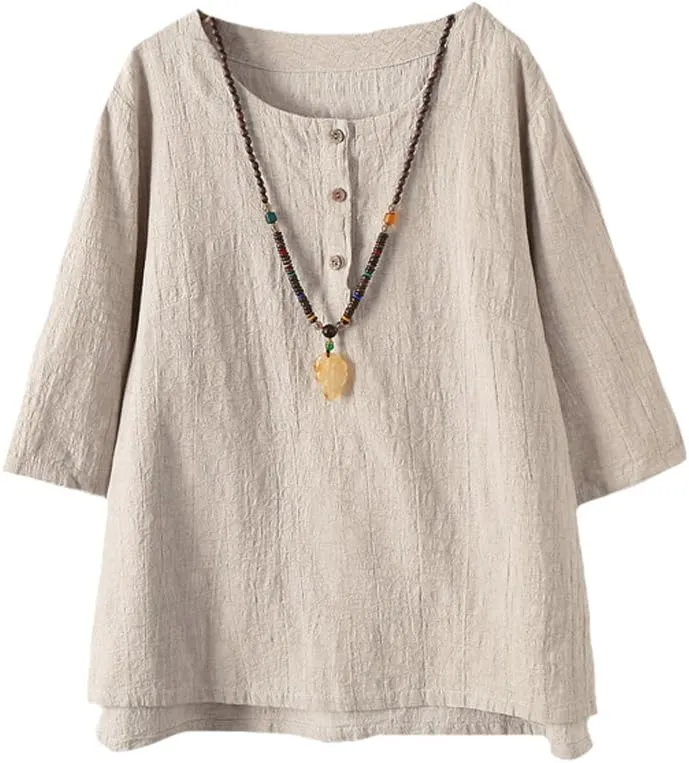 Minibee Women's 3/4 Sleeve Cotton Linen Jacquard Blouses Top T-Shirt