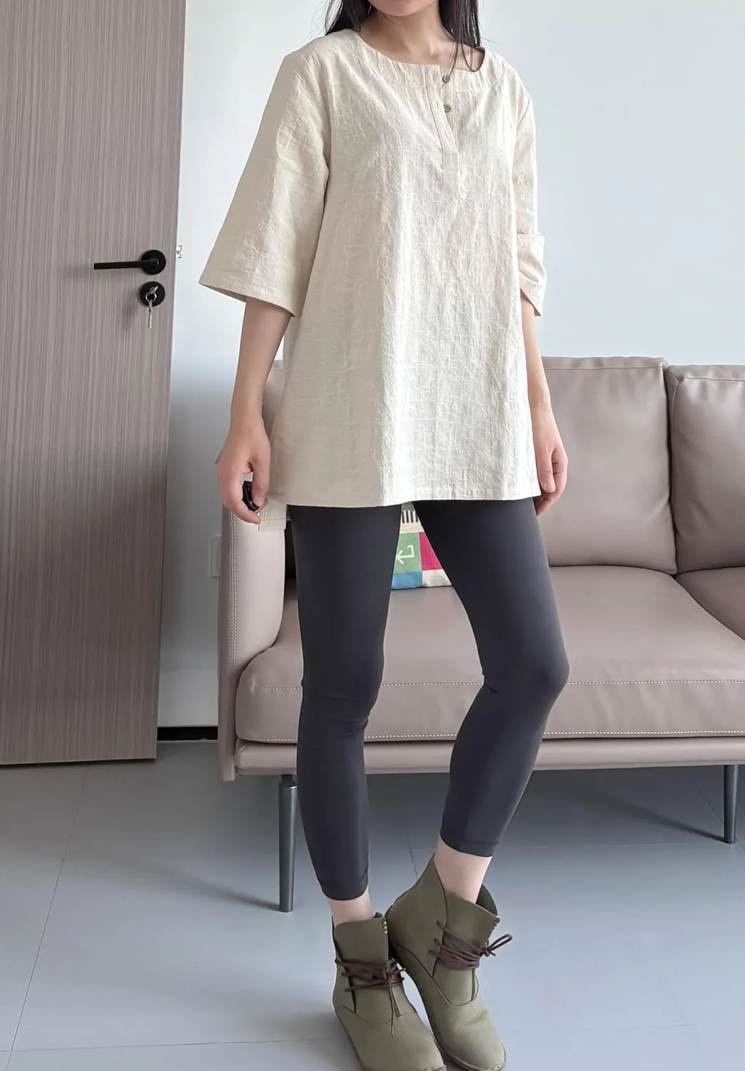 Minibee Women's 3/4 Sleeve Cotton Linen Jacquard Blouses Top T-Shirt