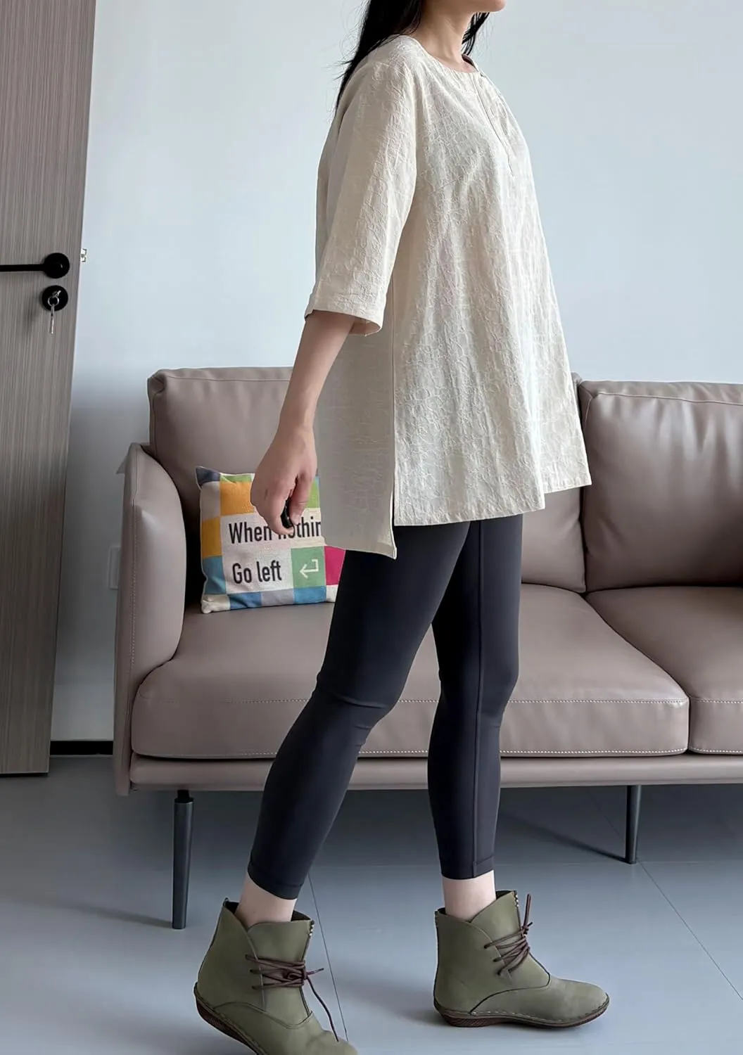 Minibee Women's 3/4 Sleeve Cotton Linen Jacquard Blouses Top T-Shirt