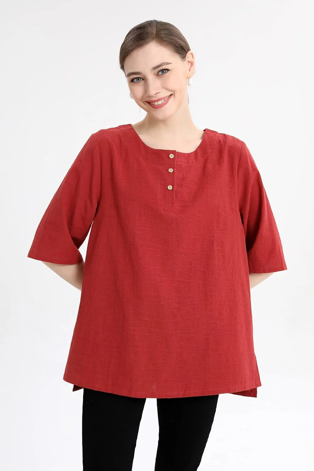 Minibee Women's 3/4 Sleeve Cotton Linen Jacquard Blouses Top T-Shirt