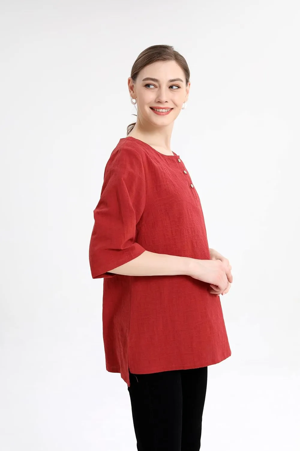 Minibee Women's 3/4 Sleeve Cotton Linen Jacquard Blouses Top T-Shirt