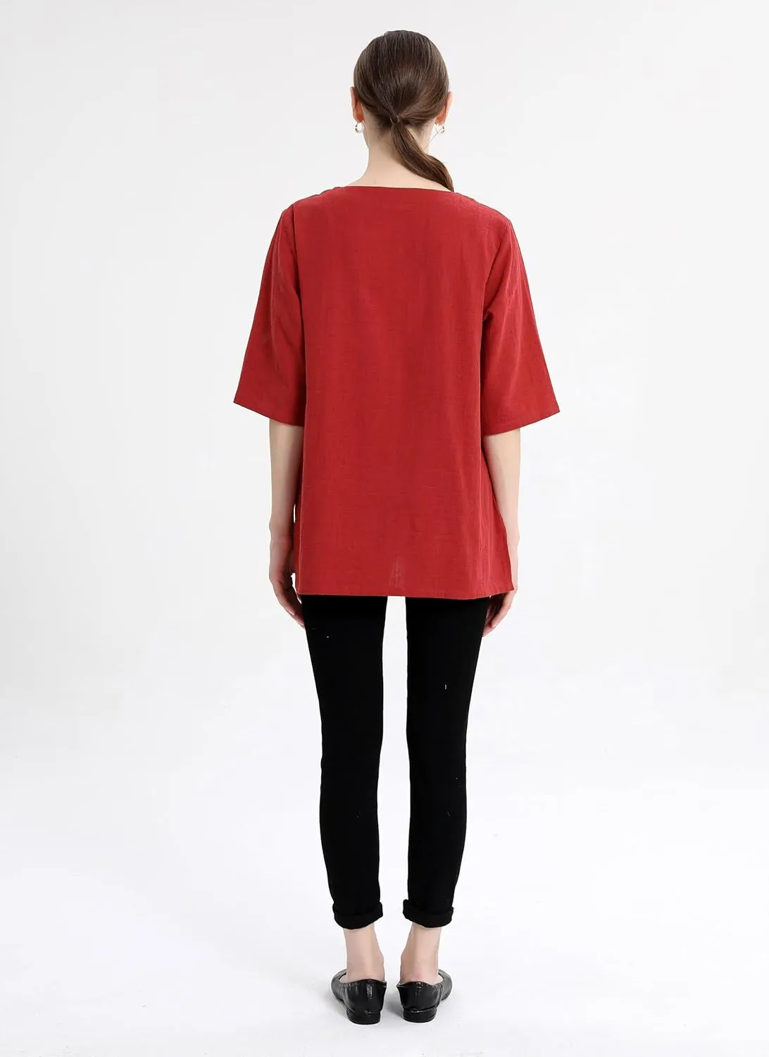 Minibee Women's 3/4 Sleeve Cotton Linen Jacquard Blouses Top T-Shirt
