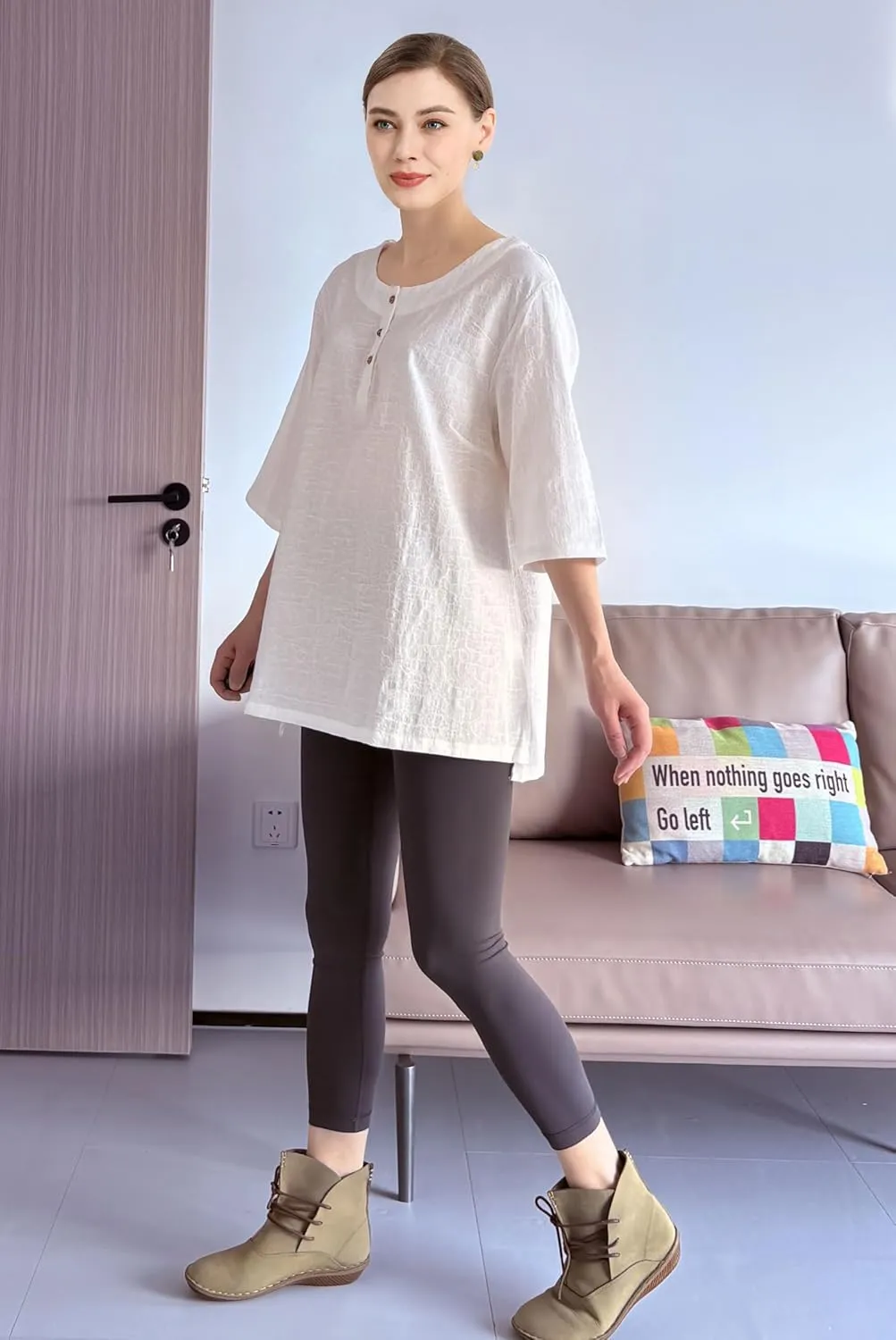 Minibee Women's 3/4 Sleeve Cotton Linen Jacquard Blouses Top T-Shirt