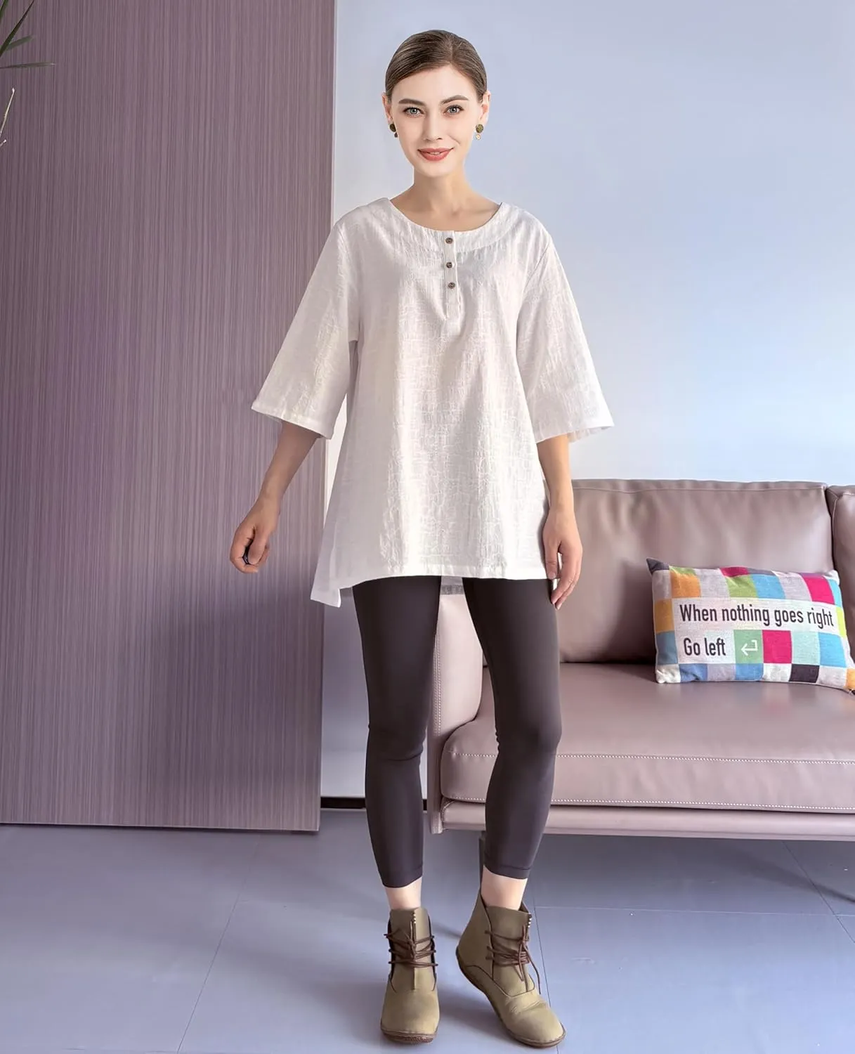 Minibee Women's 3/4 Sleeve Cotton Linen Jacquard Blouses Top T-Shirt